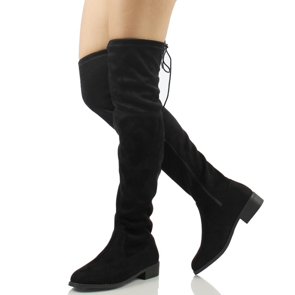 Nature Breeze Shoes - Black Faux Suede Over the Knee Back Tie  Boot